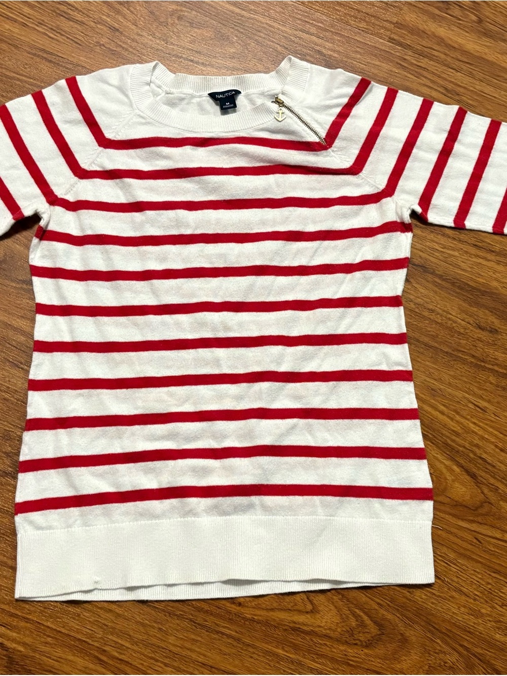 Nautica Women’s Red & White Striped Boatneck Shirt with Anchor Charm - M